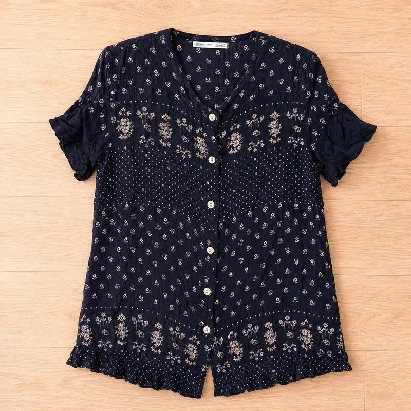 🌸 Blouse femme imprimé fleuri bleu marine style bohème chic T38 M manches court